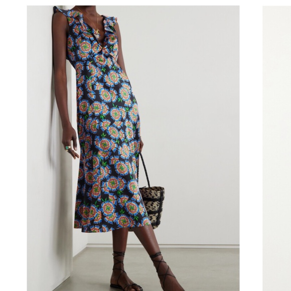 Saloni Dresses & Skirts - Saloni Holly Ruffled Floral-print Silk Midi Dress - Black